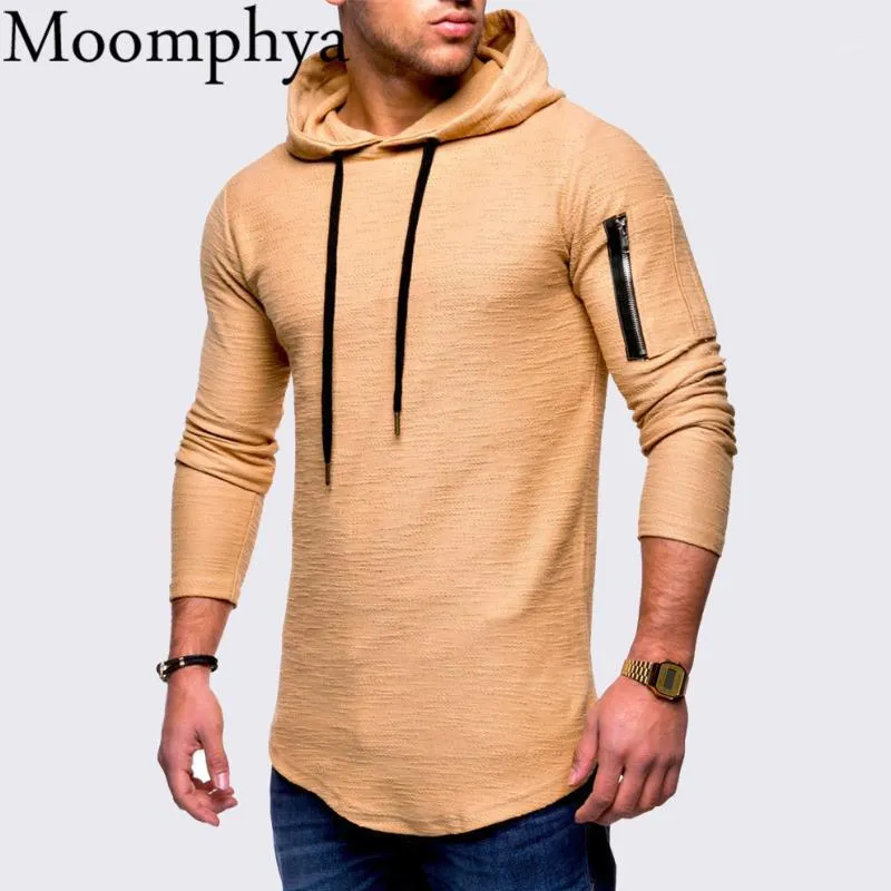 T-shirts Monthya Hooded Långärmad Män t-shirt Zipper T-shirt Longline Tshirt Streetwear Hip Hop Tee Kläder 20211