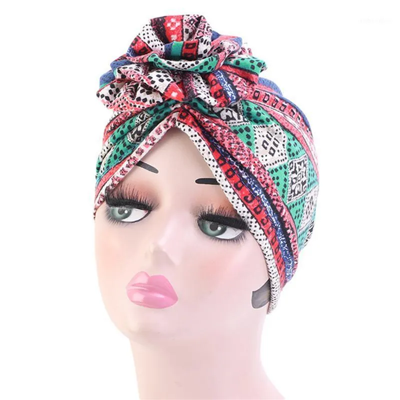 Beanie/Skull Caps Fashion Flower Printed Ladies Turban Hat Boho Ethnic Muslim Beanie Women Knot Twist India Women Head Wrap1