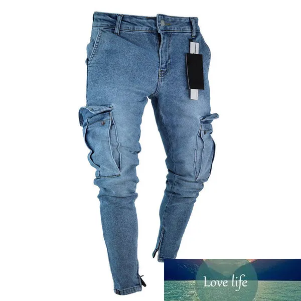 Mens jeans denim pocket byxor sommar hösten tunn smal regelbunden passform rak elasticitet stretchy man