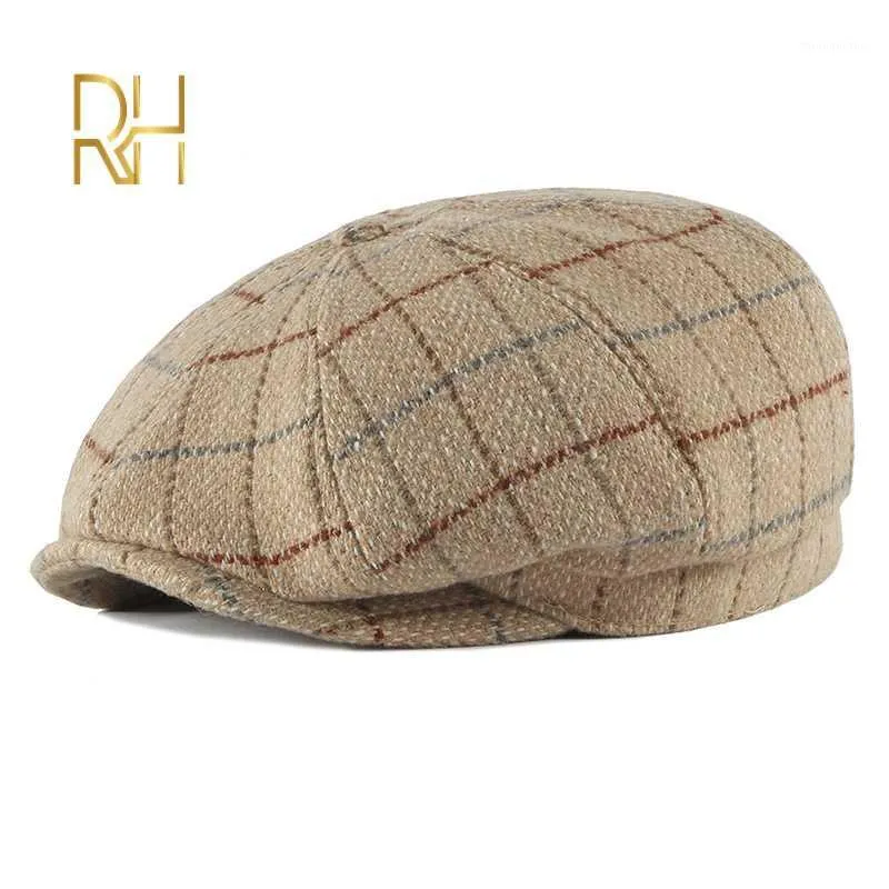 Berets outono inverno vintage xadrez boina chapéus algodão lã octogonal boné para homens detetive pintor tampas planas sboy rh1228m