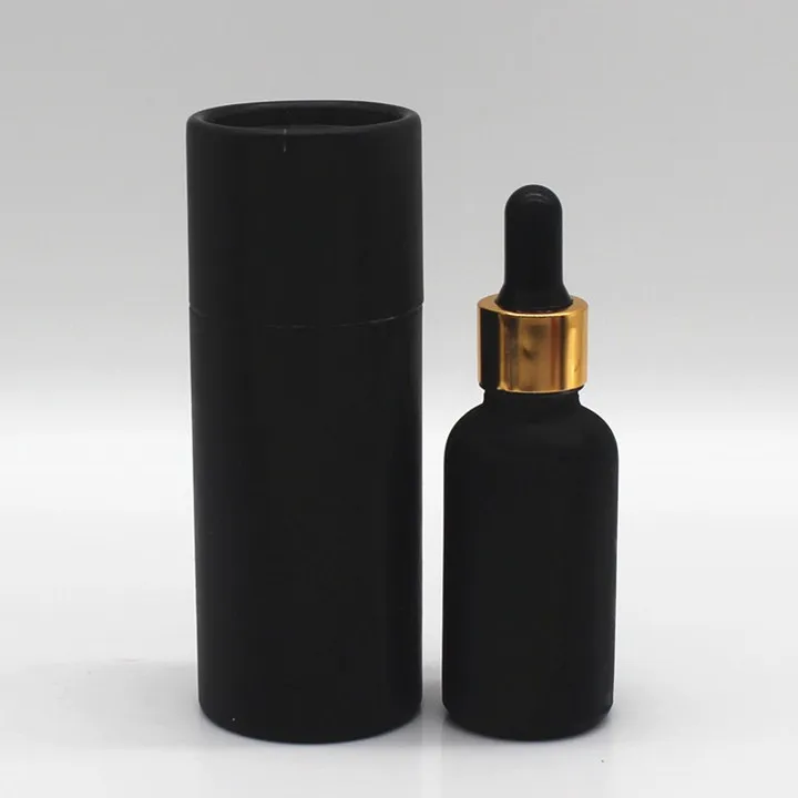 DHgate 30ml 50ml 100ml Matte Black Boston Round Cosmetic oil Perfume Oil Dropper Bottle with Alu Gold lid Custom Black Cylinder Paper Cardboard Box Tube with Print