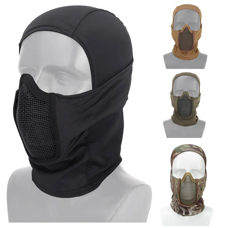 Outdoor Airsoft Maschera tattica Cappuccio Tiro Protezione per il viso Equipaggiamento Metallo Rete metallica in acciaio Mezza faccia NO03-016