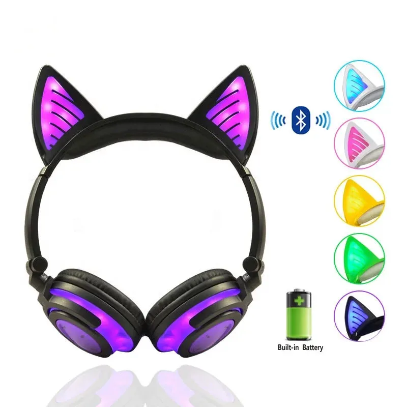 생일 선물 무선 Bluetooth 이어폰 접이식 고양이 귀 어린이 헤드폰 게임 헤드 설정 LED 조명