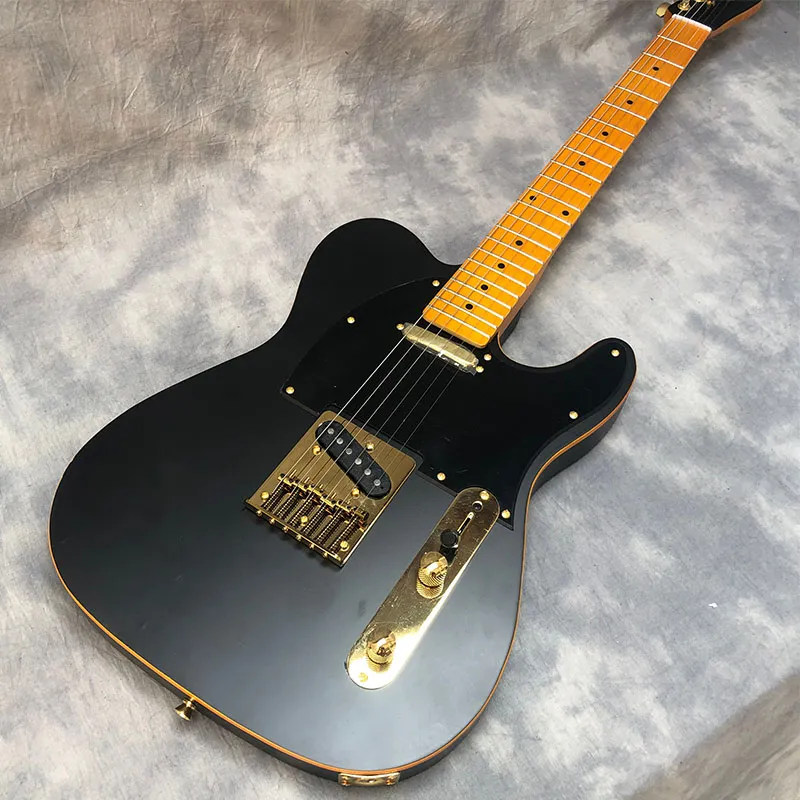 Satin Matte Black Electric Guitar with Vibrant Yellow Body Binding Tremolo Bridge Whammy Bar and Vintage Yellow Dot Inlay Fingerboard