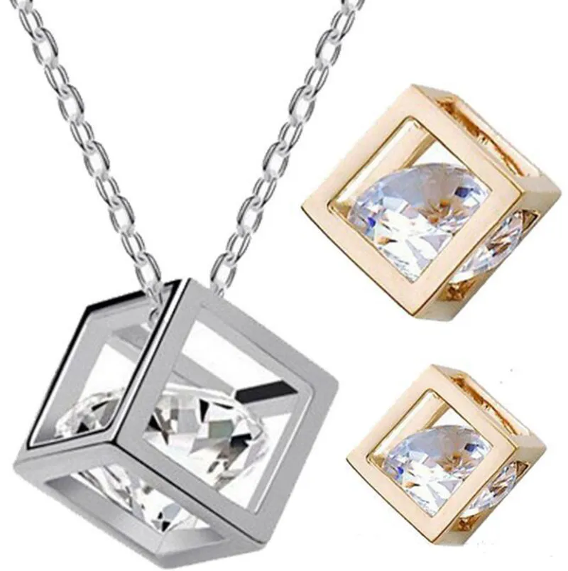 Exquisite 18K Gold Silver Plated Cubic Zirconial Crystal Cube Necklace for Women Girlfriend Ladies Bridal Wedding Jewelry Valentine's Day Gift Wholesale Price