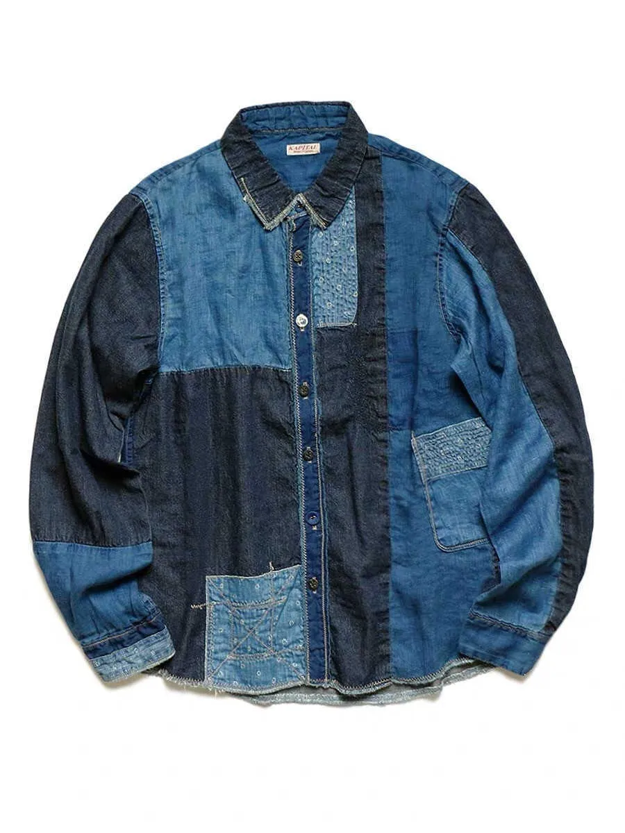 Mäns Casual Shirts 20AW Kapital Hirata Hehong Stitched Denim Shirt med lös tannin, tvättad och sliten utskrift