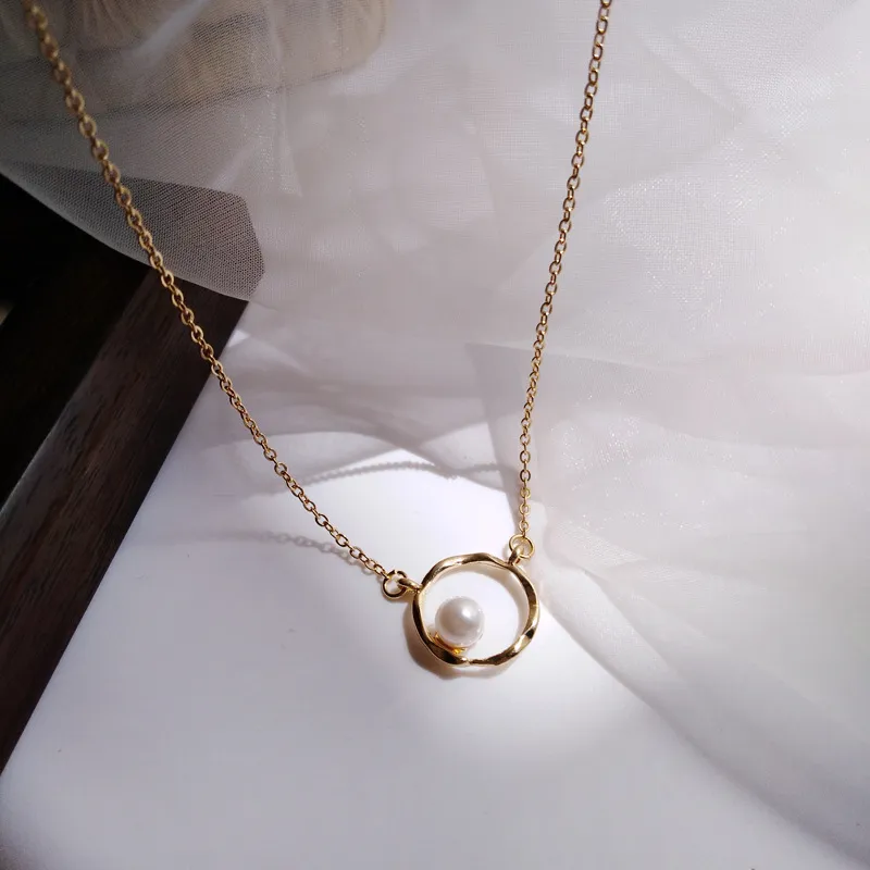 Japanese Korean Simple Geometric Circle Necklace Temperament and Beautiful Pearl Necklace Summer Daily Girlfriends Clavicle Chain