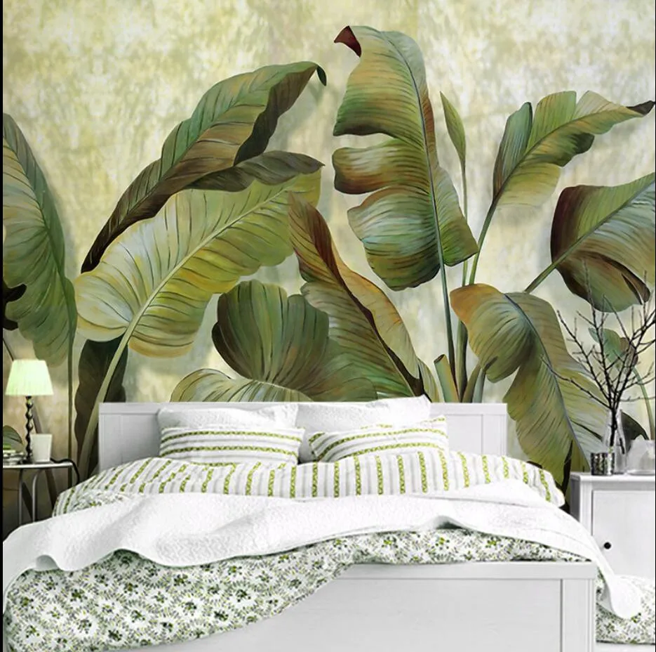 Sudeste Asiático estilo tropical tropical floresta mural wallpapers 3d verde banana folha fundo parede sala de estar sofá tv wallpaper