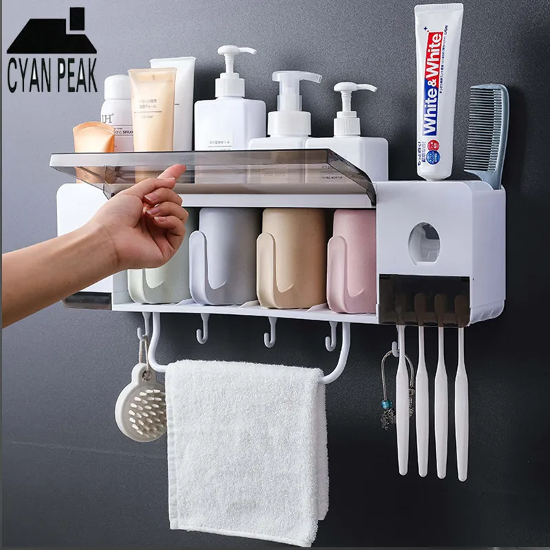 Automatische Wall Mount Tandenborstelhouder met Cups Tandpasta Squeezer Dispenser Opslag Rack Box Badkamer Accessoires Set Y200407