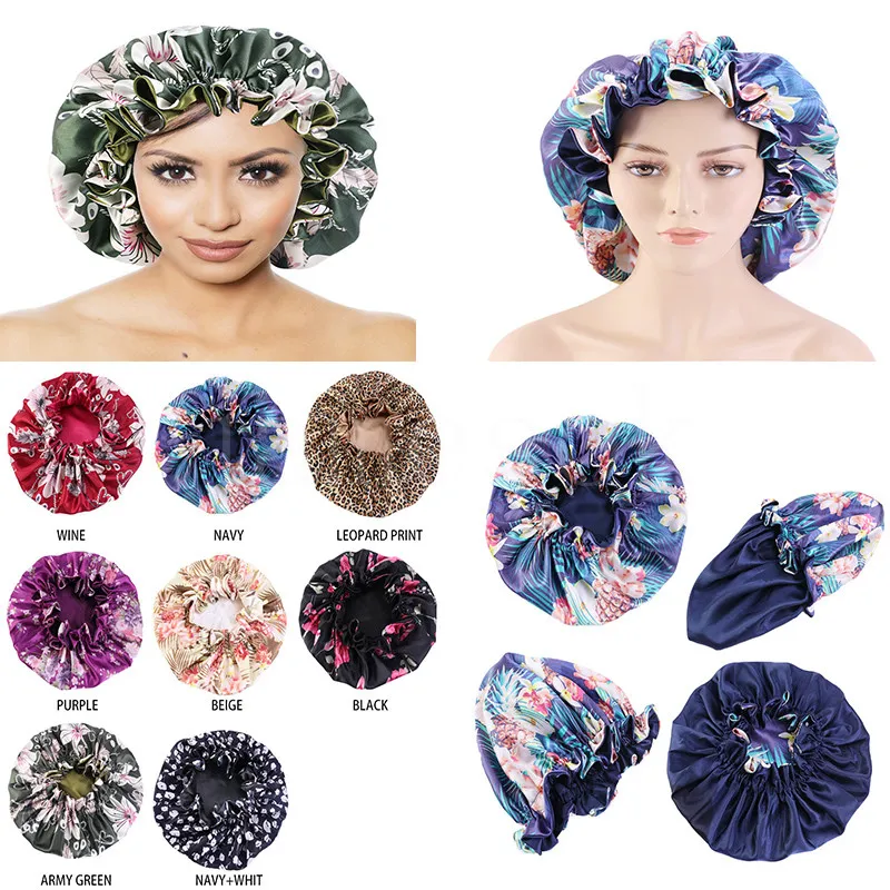 Mode Frauen Satin Nacht Schlaf Kappe Dusche Caps Haarpflege Motorhaube Schlafen Hut Kopf Abdeckung Elastische Kappe Gedruckt Turban DB238