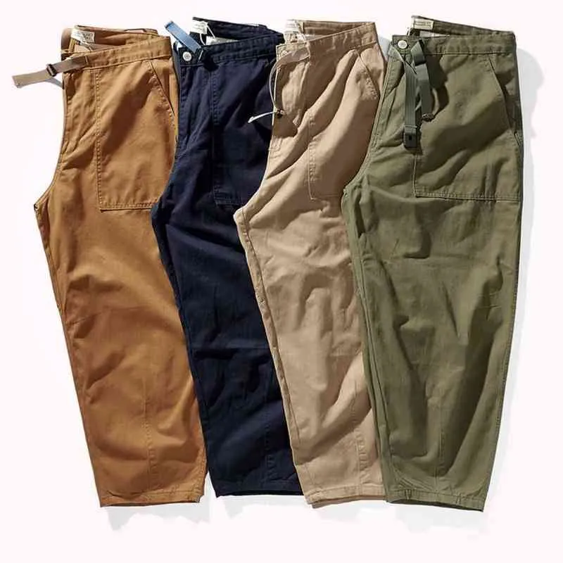 Fall 2021 Men 's Japanese-Style Retro Solid Color Pocket Straight Loose Casual Wide-Legged Pants H1223