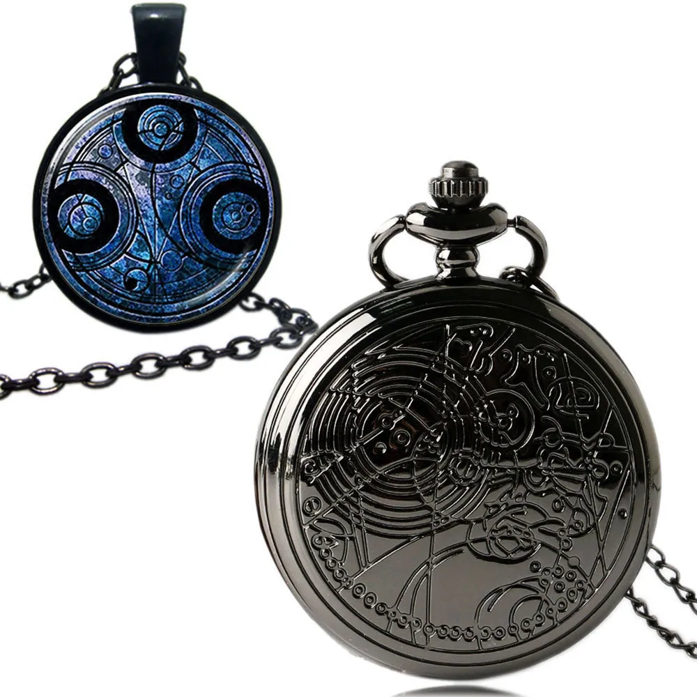 YISUYA Vintage Black Doctor Who Time Lord Seal Quartz Pocket Watch Set with Dr. Who Necklace Fob Chain Box for Women Men Gifts T200502