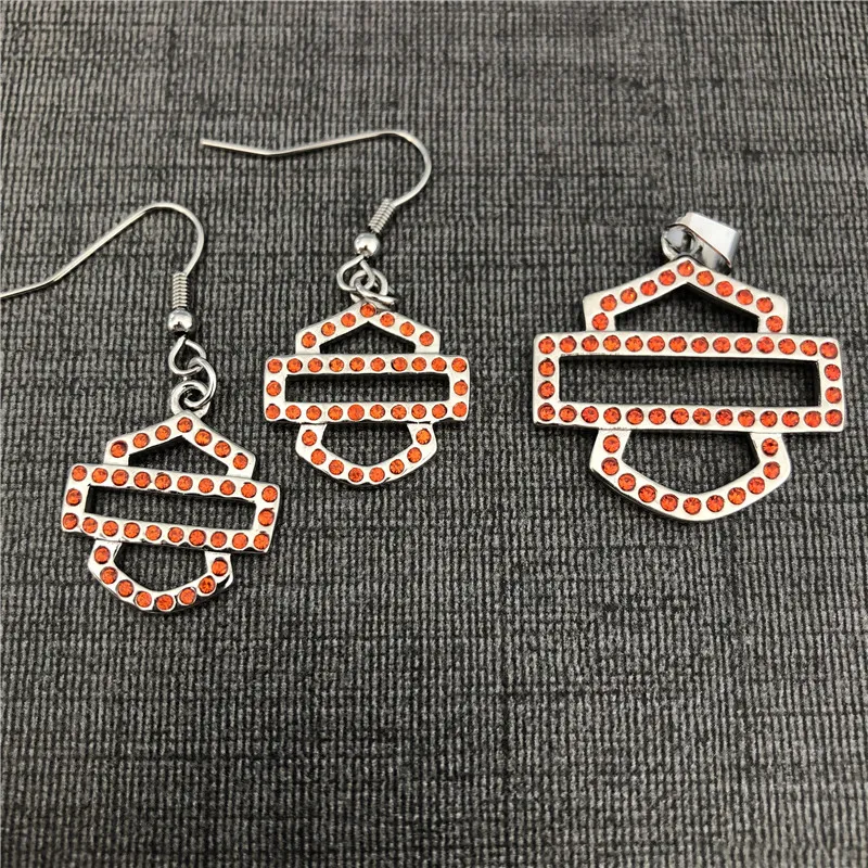 Conjunto de collar y pendientes de estilo motero para motocicletas de cristal de 5 colores, joyería de acero inoxidable 316L, colgante de estilo motero con escudo para chicas