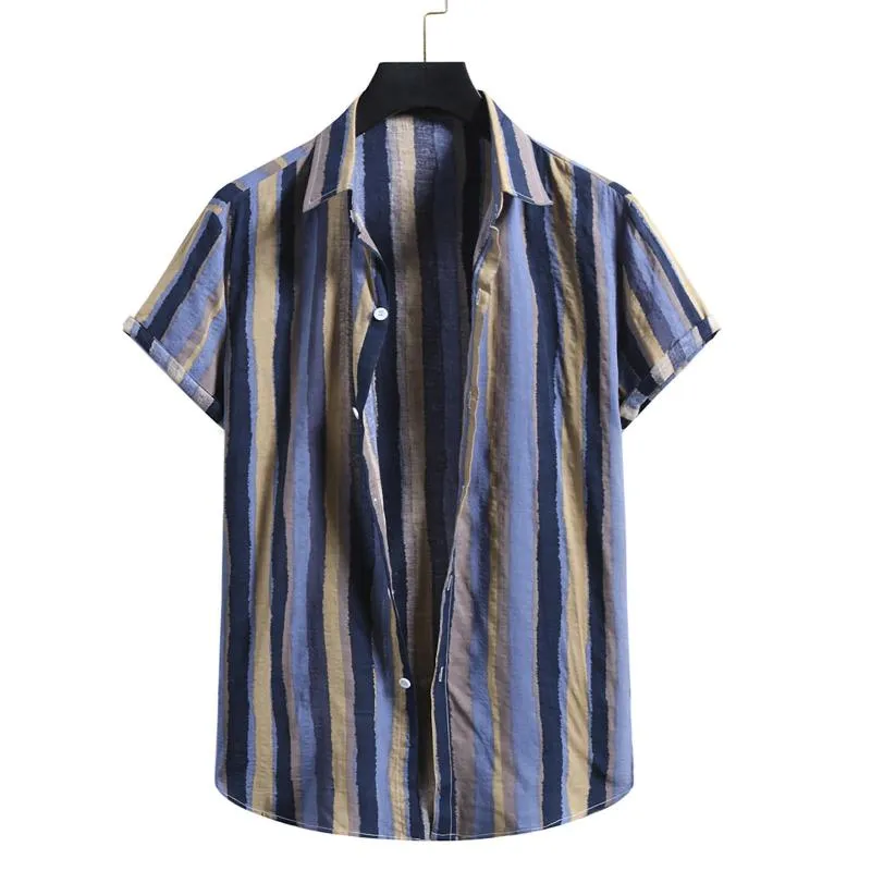 Men's Casual Shirts Stripe Print Shirt Streetwear Hawaiian Cotton Linen Short Sleeve For Men Button Up Blouse Top Chemise Homme