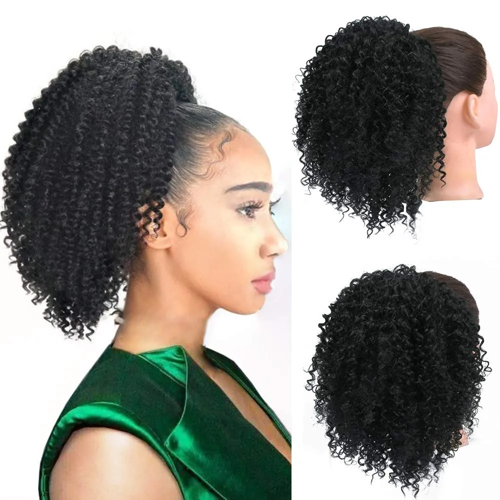 AFRO Kinky Кудрявые человеческие волосы Hair Ponytail Extension DrawString Clip Insist Natural Black Raw Insian Virgin Magic Paste Coony Cails для чернокожих женщин
