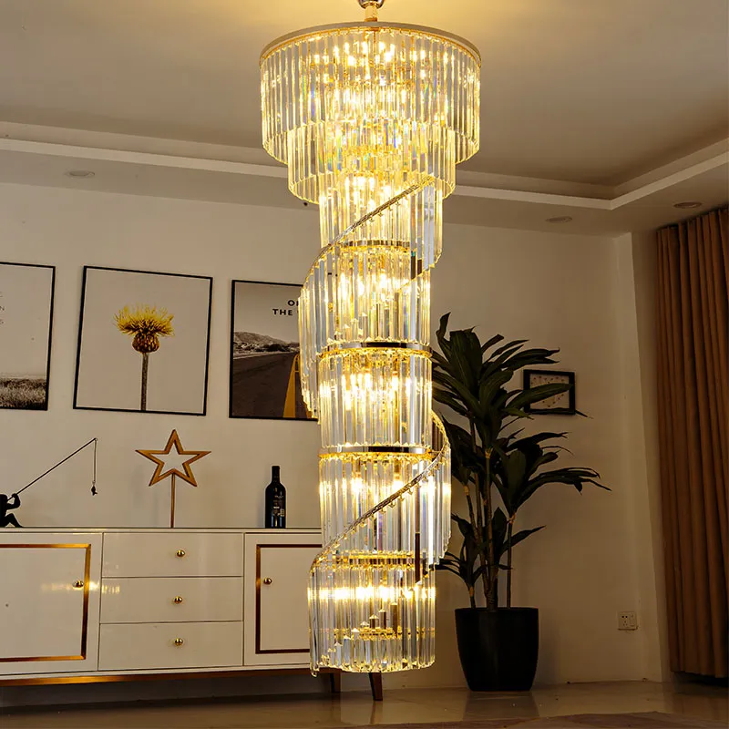 Long lustre en cristal moderne lustres dorés européens luminaires grandes lampes suspendues américaines escalier en colimaçon lumière LED éclairage intérieur de la maison hauteur 540 cm