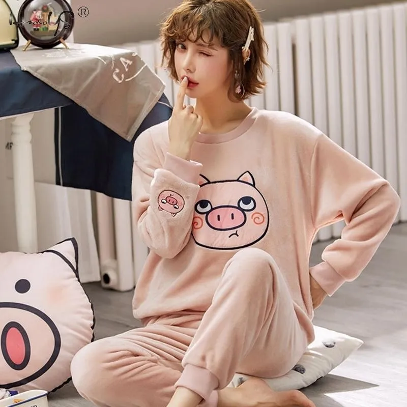 Cartoon Animal Print Flannel Pajama Set For Women And Girls Autumn