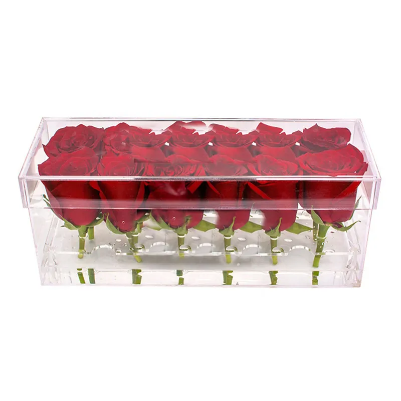 Rektangel Clear Acrylic 12 Holes Flower Box Makeup Organizer Waterproof Acryl Rose Box Alla hjärtans dag Wedding Present Box258L