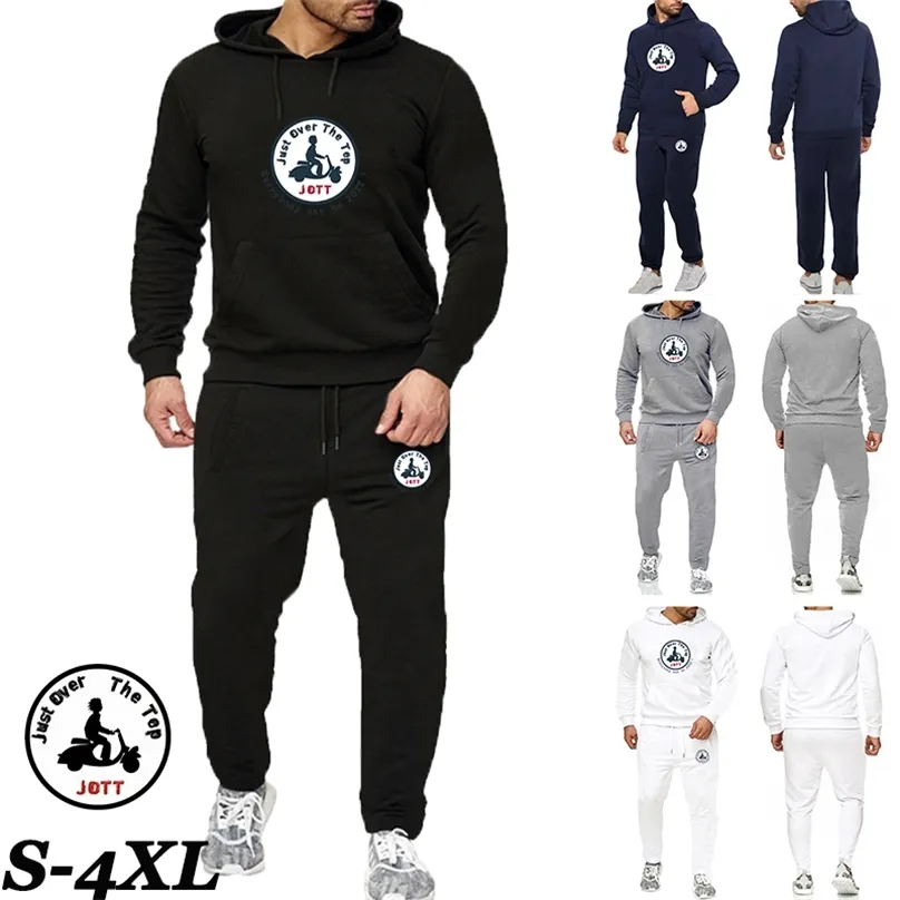 Autumn and Winter Fashion Men's Tracksuit Solid Color Hooded Sweater + Jogging Casual Pants Jott Print Design Clothing 220308