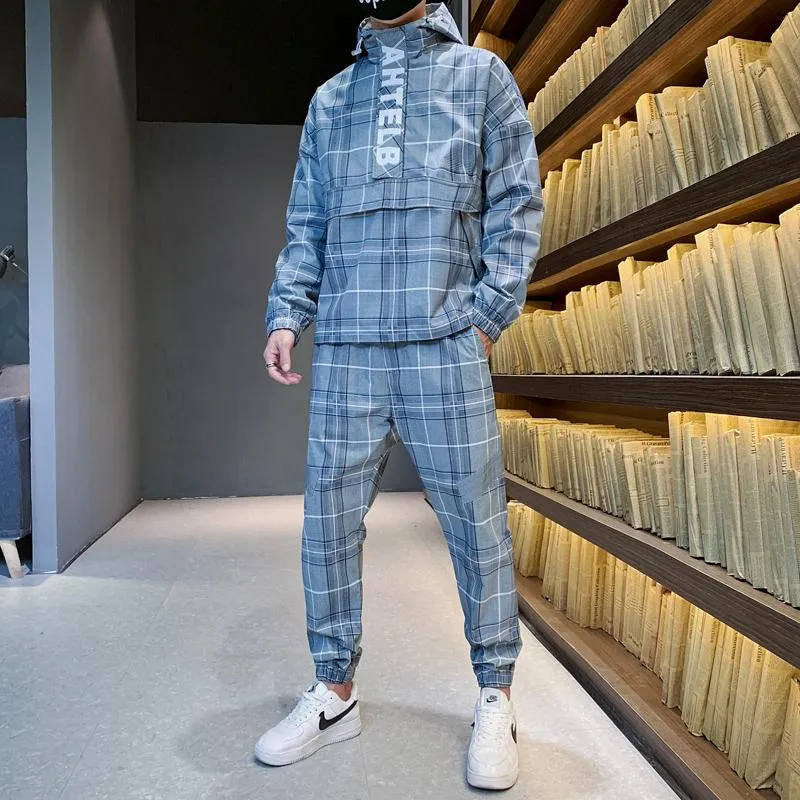 2021 nouvelle mode Plaid survêtement hommes à capuche survêtements 2 pièces hommes réfléchissant survêtement ensembles Streetwear pull survêtement