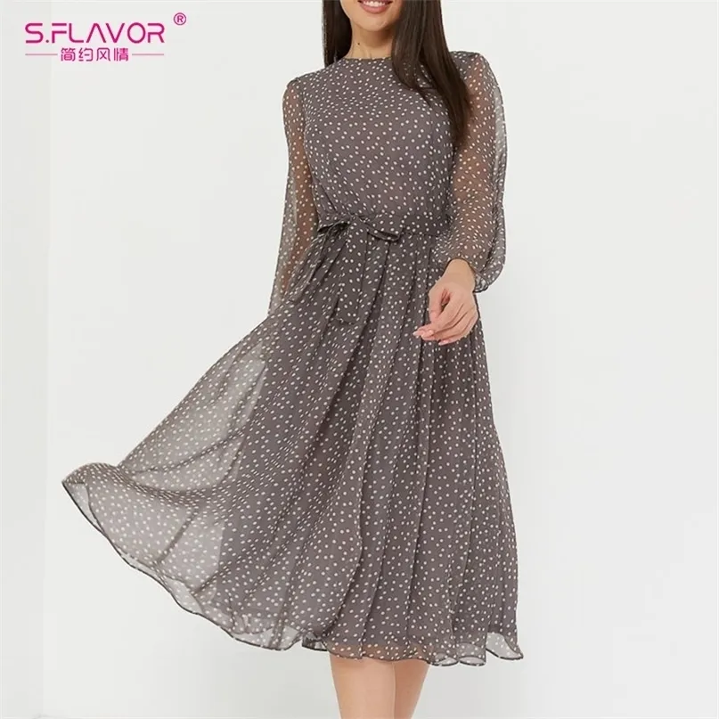 S.FLAVOUR Elegante abito a pois a maniche lunghe con stampa a pois o collo in chiffon A Line Abito casual da donna Vintage Midi Vestidos De 220209