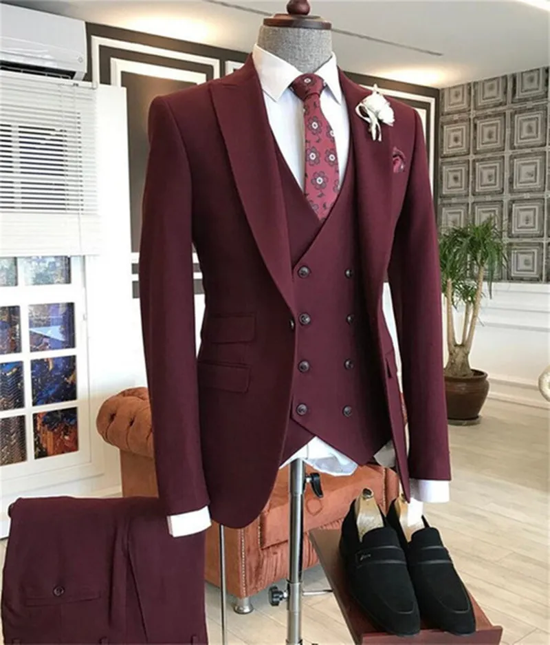 2021 Tailor Made Bourgondië Bruidegom Tuxedos Business Men Pits 3 Stuks Slim Fit Bruiloft Prom Beste Man Blazer (jas + Pants + Vest)