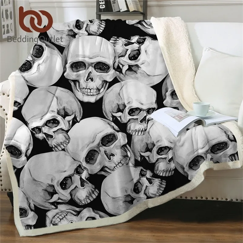 BeddingOutlet Skull Plush 담요 수채화 셰러 담요 소년 Mantas de Cama 201222에 대 한 검은 흰색 신비한 침대 담요