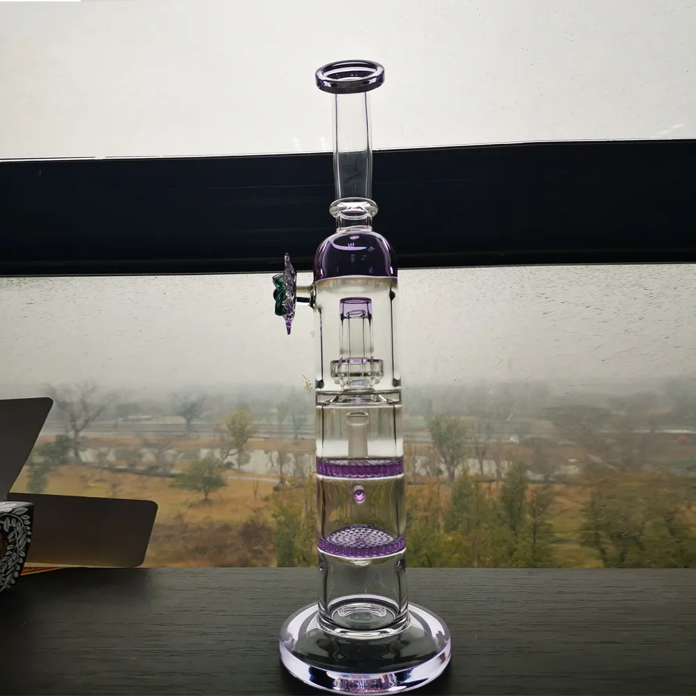 Angel Eyes Glass double nid d'abeille perc bong 13.7 '' conduite d'eau 14.4mm joint taille violet couleur narguilés