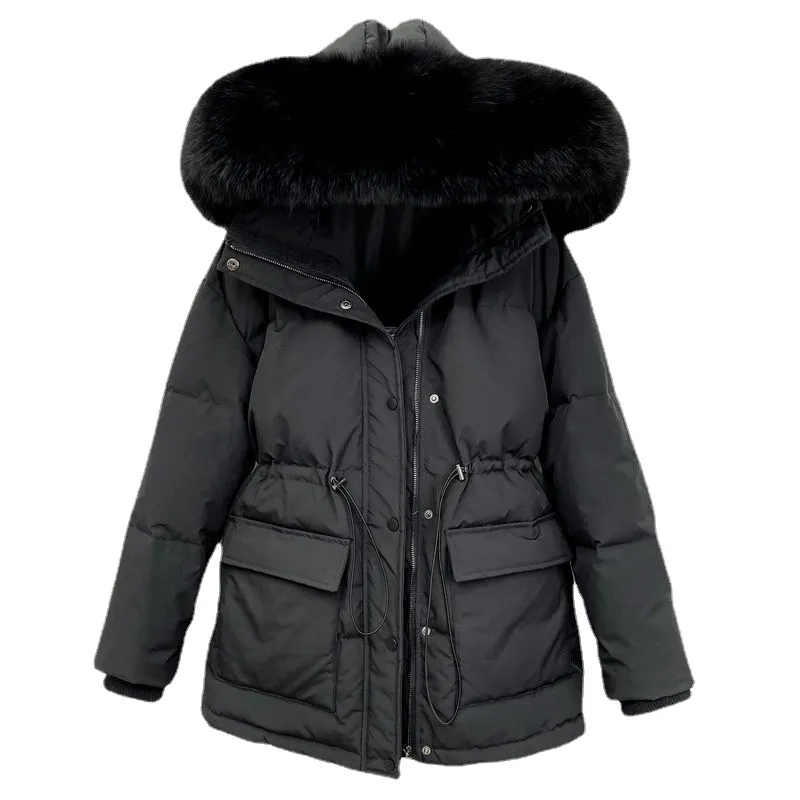 2022綿パッド入りの毛皮のパーティーパーカー新しい大きな毛皮の襟ダウン冬のジャケットの女性の厚い暖かいパーカー女性の上着