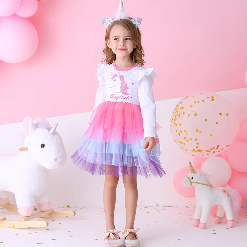 Unicorn Girls Winter Dress 2020 Patchwork Flying Sleeve Birthday