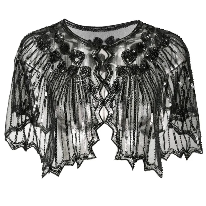 Luxury-Dancing Party Evening Cape Tippet Kvinnor Sjal Sequin Cape Scarf Fashion Cloak Wrap Art Deco Flapper Cover Up