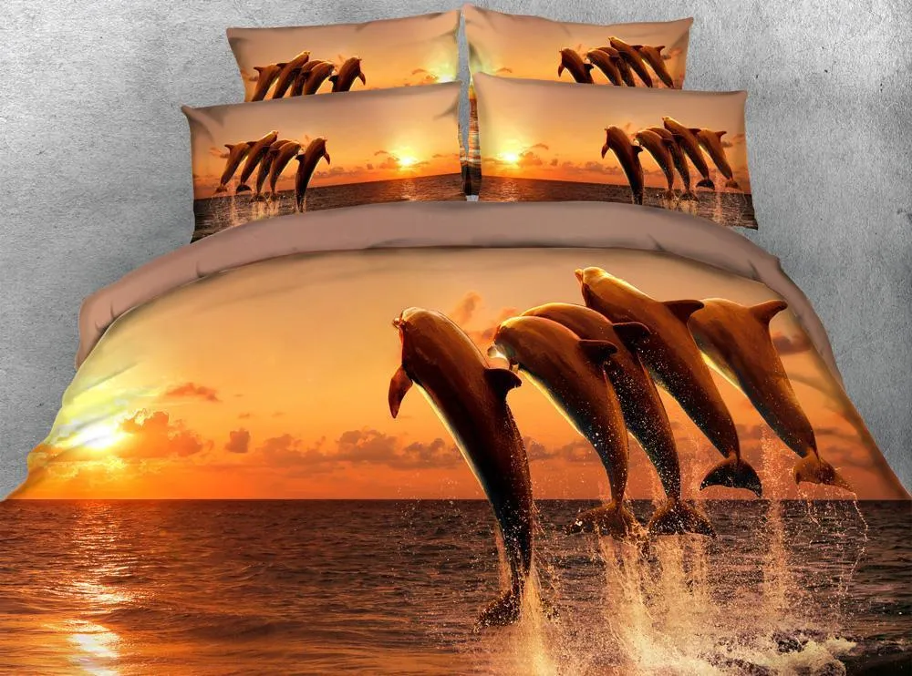 Ensembles de literie JF-046 Les dauphins sautent hors de l'eau Ocean Super King Size 260 * 220cm Ensemble de housse de couette 3D Draps de lit pour enfants Single Bed1