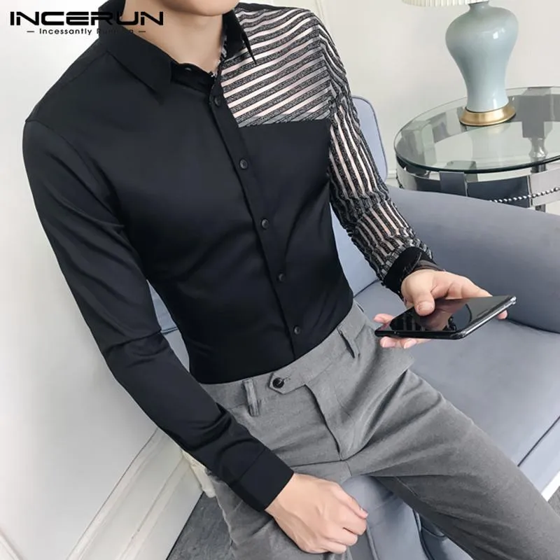 INCERUN 2020 di Modo Degli Uomini Della Camicia A Maniche Lunghe Streetwear Patchwork Chic Risvolto di Affari Mens Camicie Eleganti Del Partito di Marca Camisas S-5XL