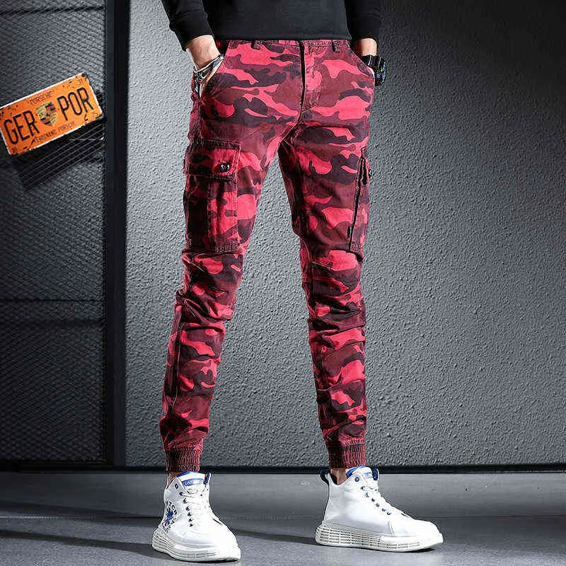 Pantaloni cargo mimetici rossi da uomo Hip Hop Streetwear Pantaloni tattici multitasche in cotone H1223