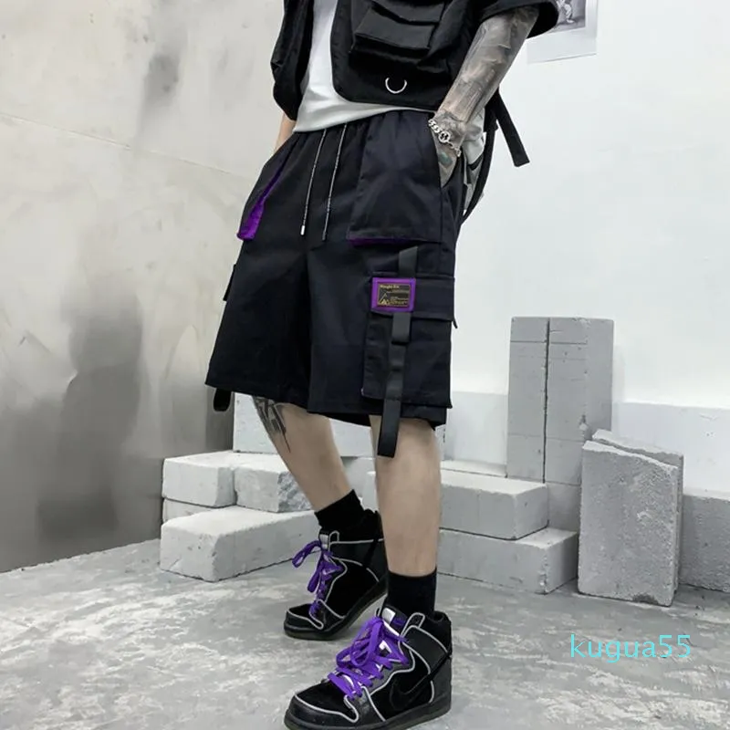 Shorts pour hommes 2022 Summer Cargo Pantalons Hommes Harajuku Mode Streetwear Hip Hop Punk Mâle Pantalons Rubans Noir Vêtements Militaires