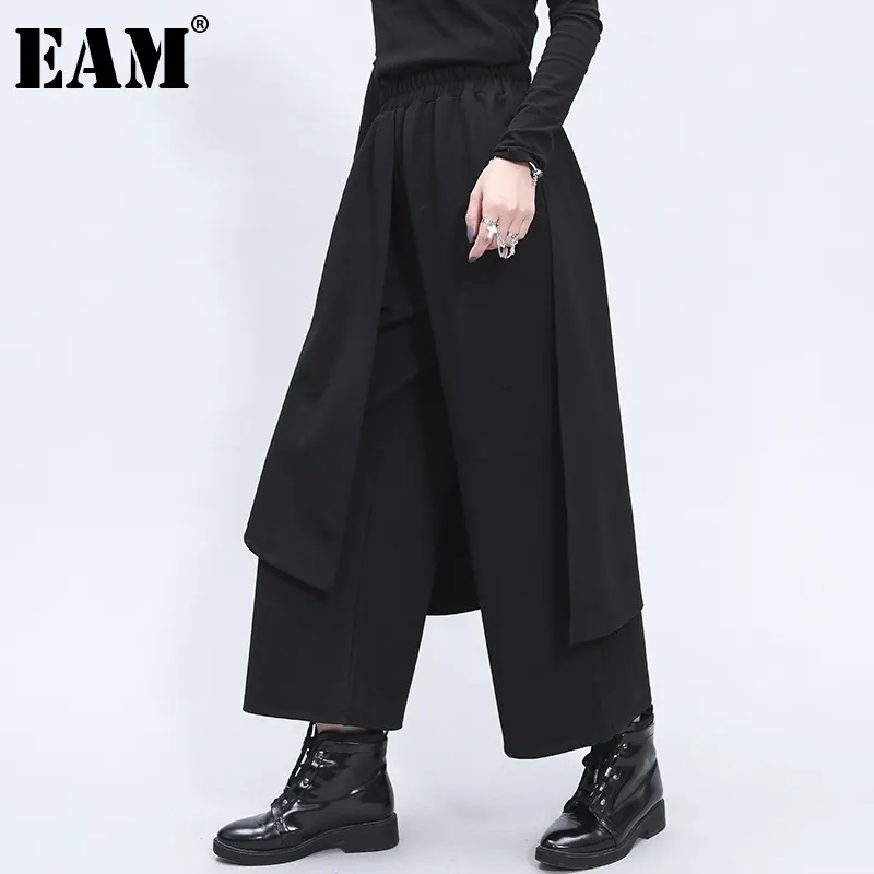 [EAM] taille haute élastique noir Split Joint longue jambe large pantalon nouveau pantalon ample femmes mode printemps automne 1Z325 201118
