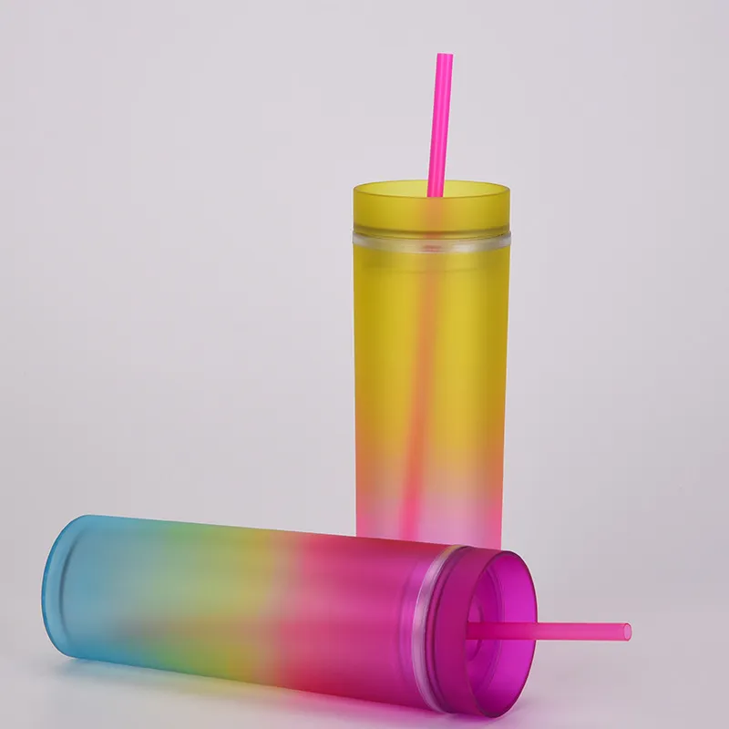 Plastic Gradient Straight Skinny Tumblers Cups 16oz Double Wall Colorful Portable Acrylic Tumbler Mugs With Straw And Lid