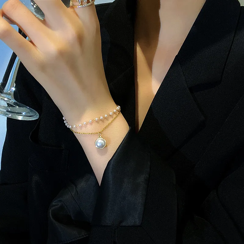 Высокое качество нержавеющей стали жемчужина цепи очарование женщины старинные двухслойные дизайн праздник украшения подарок браслет