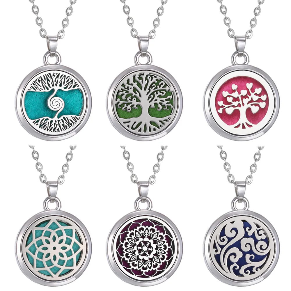 Women Tree of Life Aromatherapy Necklaces Diffuser Vintage Bird Cat Open Locket Pendant Aroma Necklace Jewelry with Felt Pads