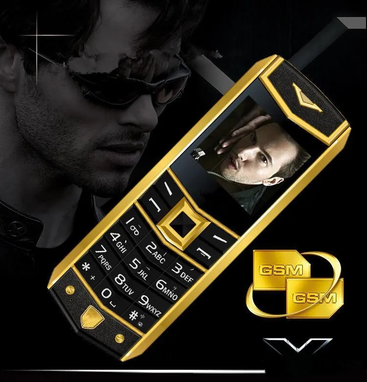 Luxo A8 Golden Bar Celular Celular Clássico Celular Dual SIM GSM Longa Longa Standby Bluetooth Câmera Metal Body Band Band Telefone Celular GRÁTIS