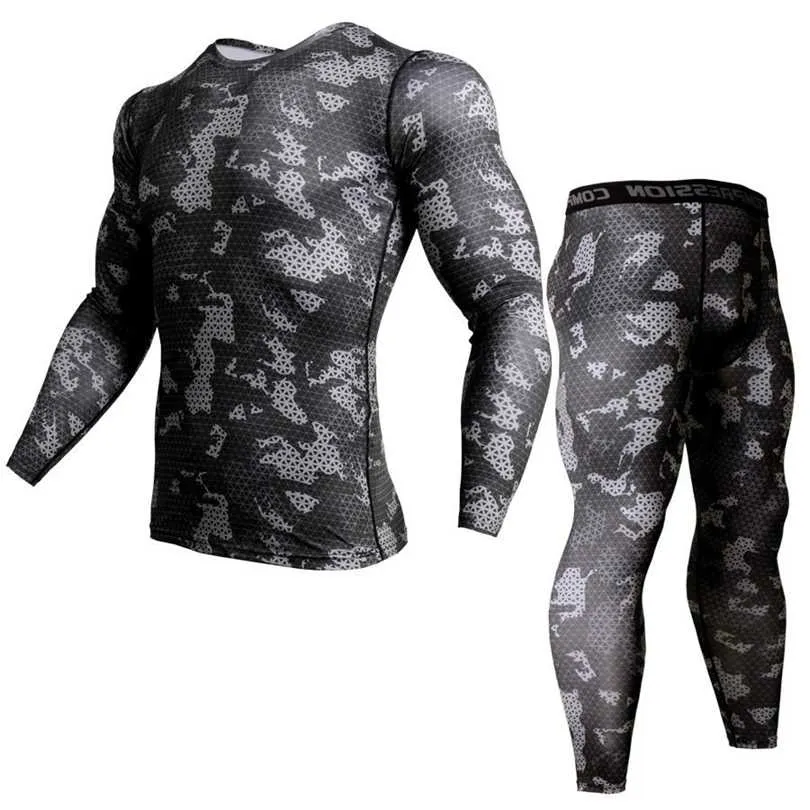 Termal İç Çamaşırı Rash Guard Kiti MMA Sıkıştırma Giyim Tayt Erkekler Unionsuit Vücut Geliştirme T-shirt Kamuflaj Eşofman 211220