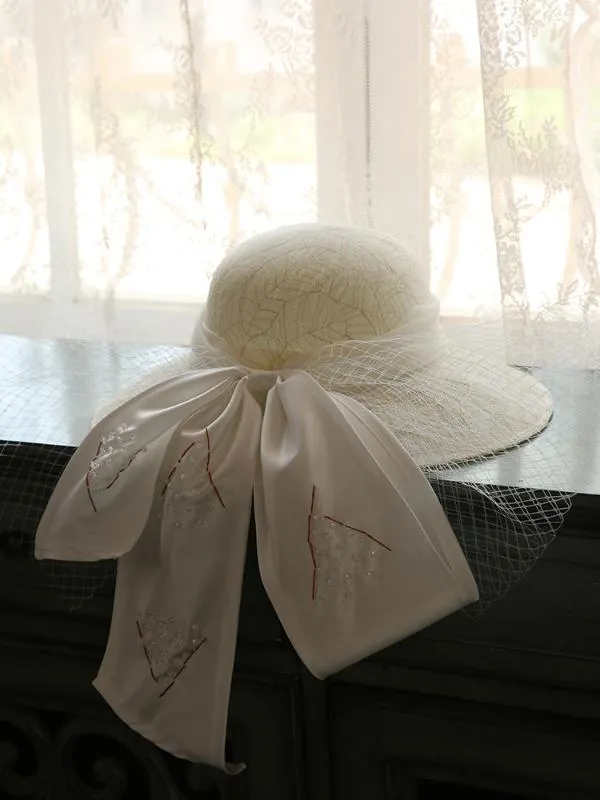 Hot Sale-2020 Big Mesh Bowknot Bucket Hat Vintage White Flower Pattern Mesh Fedoras Elegant Ladies Wedding party Veil Hat