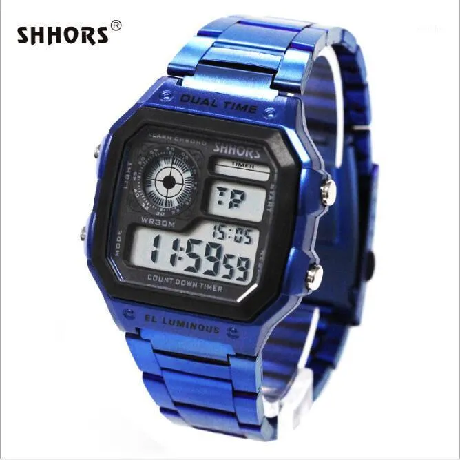 Montres-bracelets Marque de mode Shhors Montre Hommes LED Montres numériques Sport Montre-bracelet électronique Bleu Reloj Hombre 20211