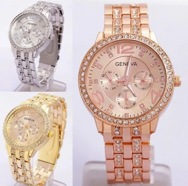 Najnowszy mody męskie zegarki Genewa Gold Watch Ladies Diamond Flanger Alloy Crystal Wristwatch Europejski i amerykański styl