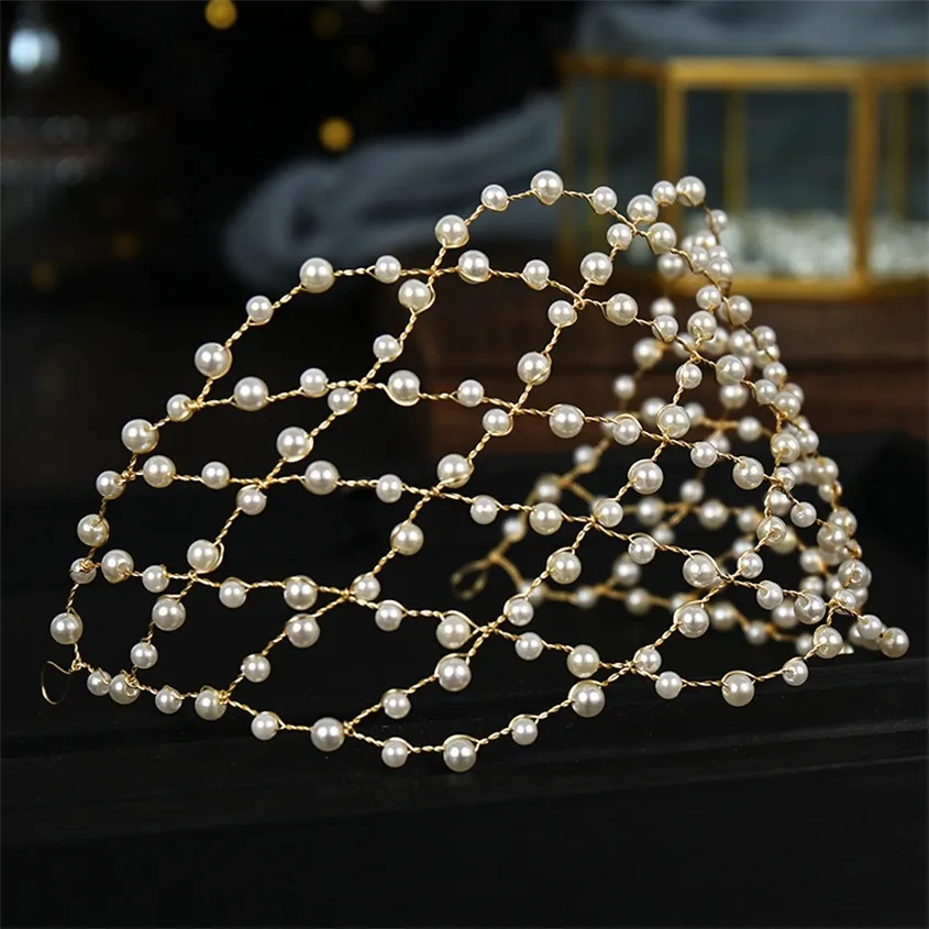 Baroque Vintage Gold Pearl Maglia Hairband Headpiece Handmade Semplice Hollow Out Fascia Tiara Viti Accessori da sposa 220222