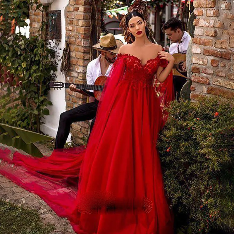 Robe De soirée rouge, épaules dénudées, avec veste, en Tulle plissé, robes De bal à plusieurs niveaux