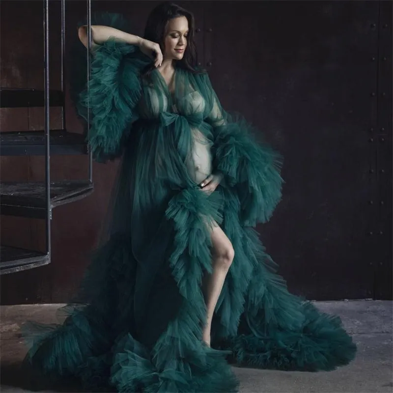 녹색 주름살 아가씨 잠옷 Photoshoot Boudoir 란제리 목욕 가운 Babydoll 사용자 정의를위한 푹신한 슬리브 신부 잠옷