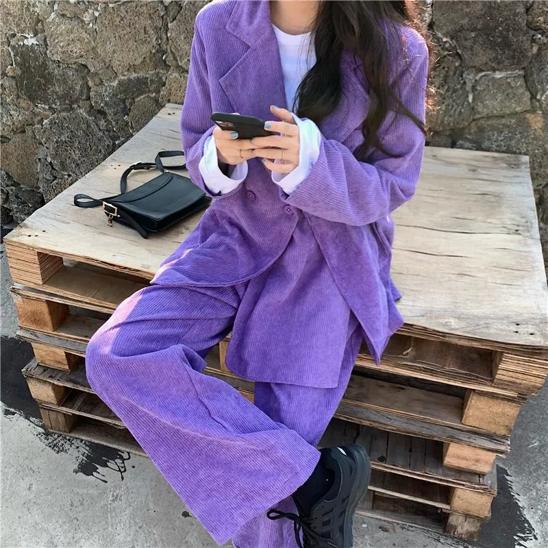 Женские брюки для женщин Осень зима Корейский Одежда Office Casual Ins Purple Corduroy Костюм Широкая нога Двухструктура