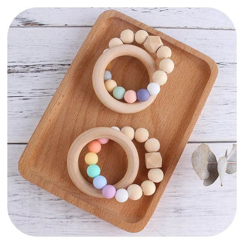 2021 DIY Wood Baby Teether Rings Food Grade Beech Teething Ring Soothers Chew Toys Shower Play Chew Round Newborn Silicone teethers