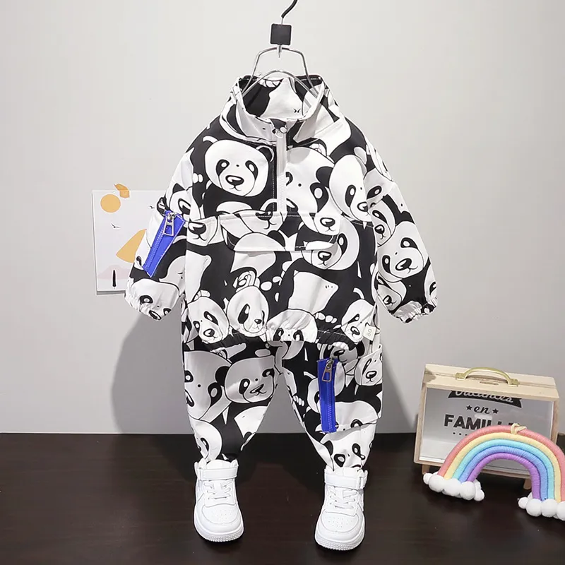 Toddler Boy Cute Panda Full Print Clothing Set Pocket Pullover Tops+ Pants 2PCS Sets Kids Spring Autumn Causal Tracksuit 220214